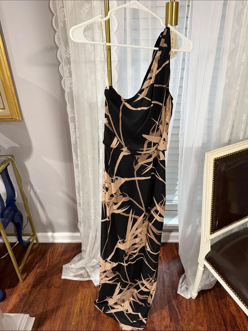 Halston Heritage Black One-Shoulder Gown with Beige Abstract Print - Picture 5 of 5